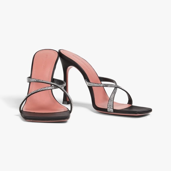 NEW Amina Muaddi Adriana Crystal Slide Sandal in Satin Black